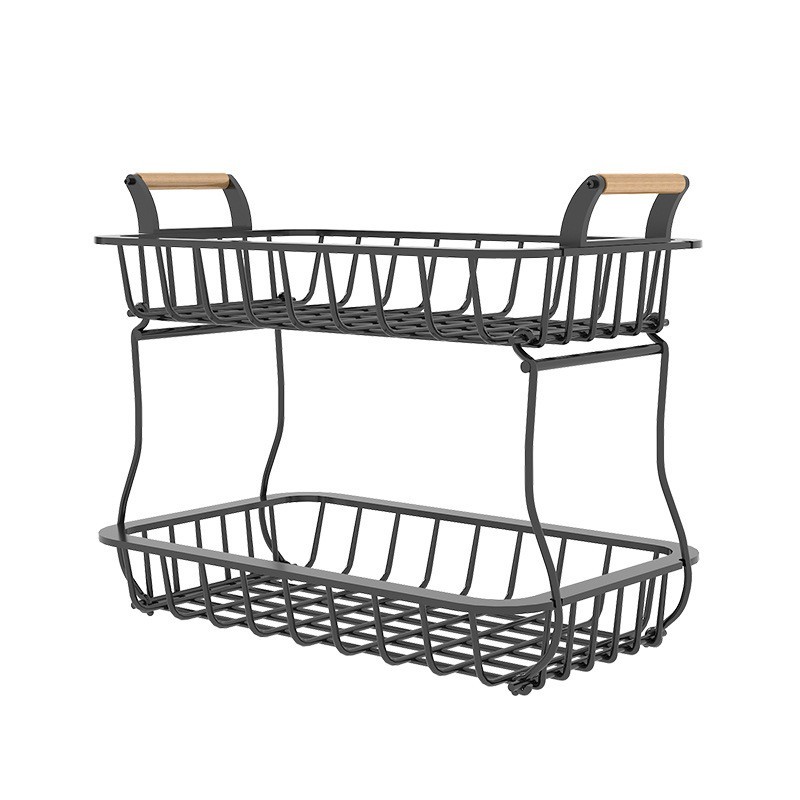 2 Tier Fruit Storage Basket Kitchen Countertop Organizer with Wooden Handle Mesh Carbon Steel Bowl for Bread Vegetable Fruit Basket Detachable Metal Rectangular Wire Basket Black |   Small Appliances Kitchen & Dining Black