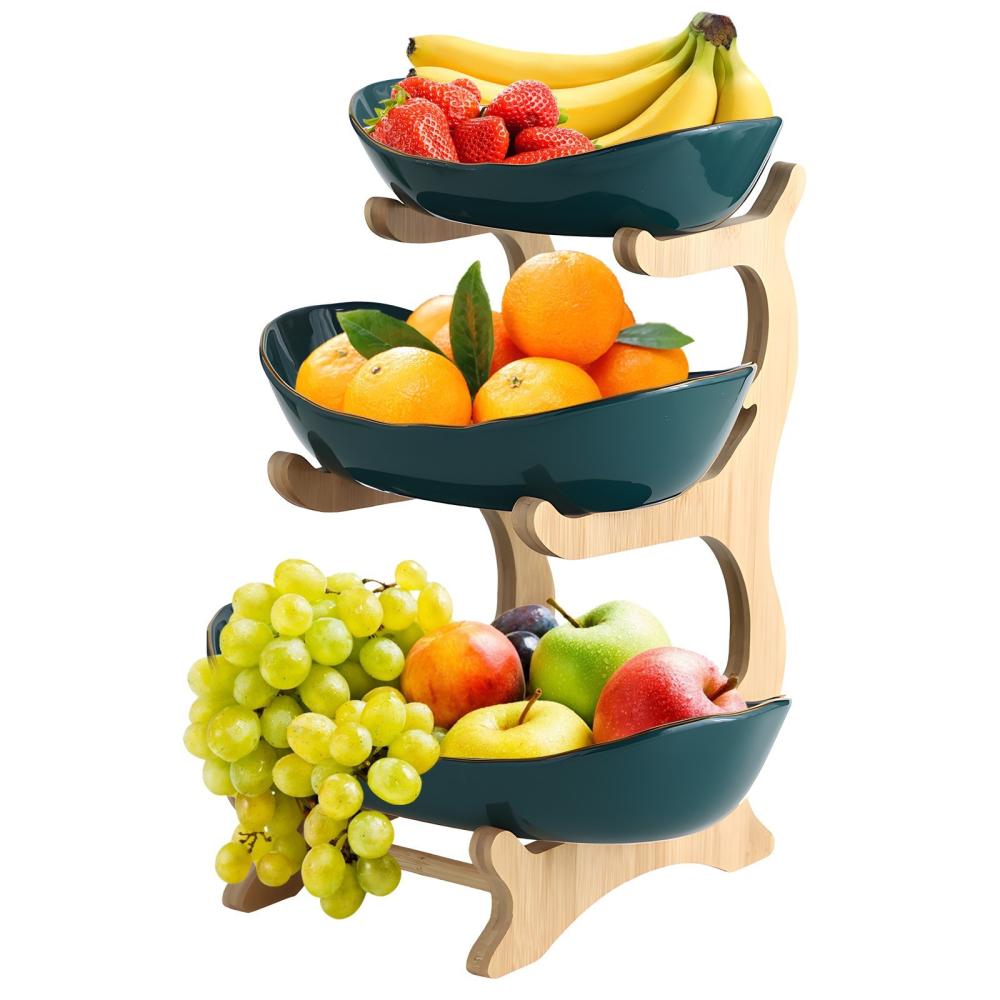 3 Tier Fruit Basket for Kitchen Ceramic Fruit Bowl with Bamboo Wood Stand Easy Install 3 Tier Serving Stand Snack Dessert Cake Tray Plate Rack for Party Wedding Buffet  |   Small Appliances Kitchen & Dining Small Appliances