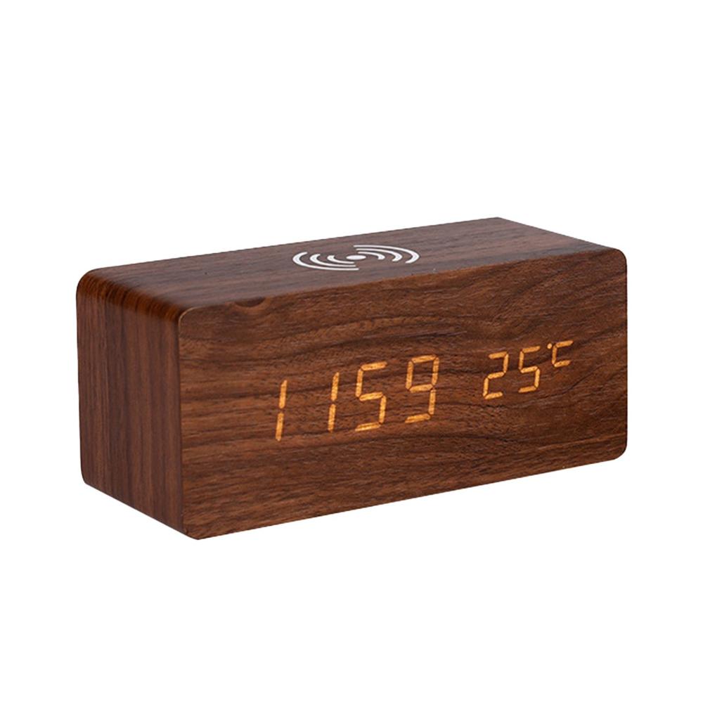 Digital Wooden Alarm Clock Electronic LED Time Display for Bedroom 10W Wireless Charging 3 Alarm Settings Date&Temp Display, Yellow Brown |   Smart Home System Smart Home System Brown