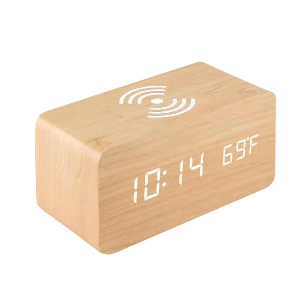 Digital Wooden Alarm Clock Electronic LED Time Display for Bedroom 10W Wireless Charging 3 Alarm Settings Date&Temp Display, Yellow Yellow |   Smart Home System Smart Home System Smart Home System