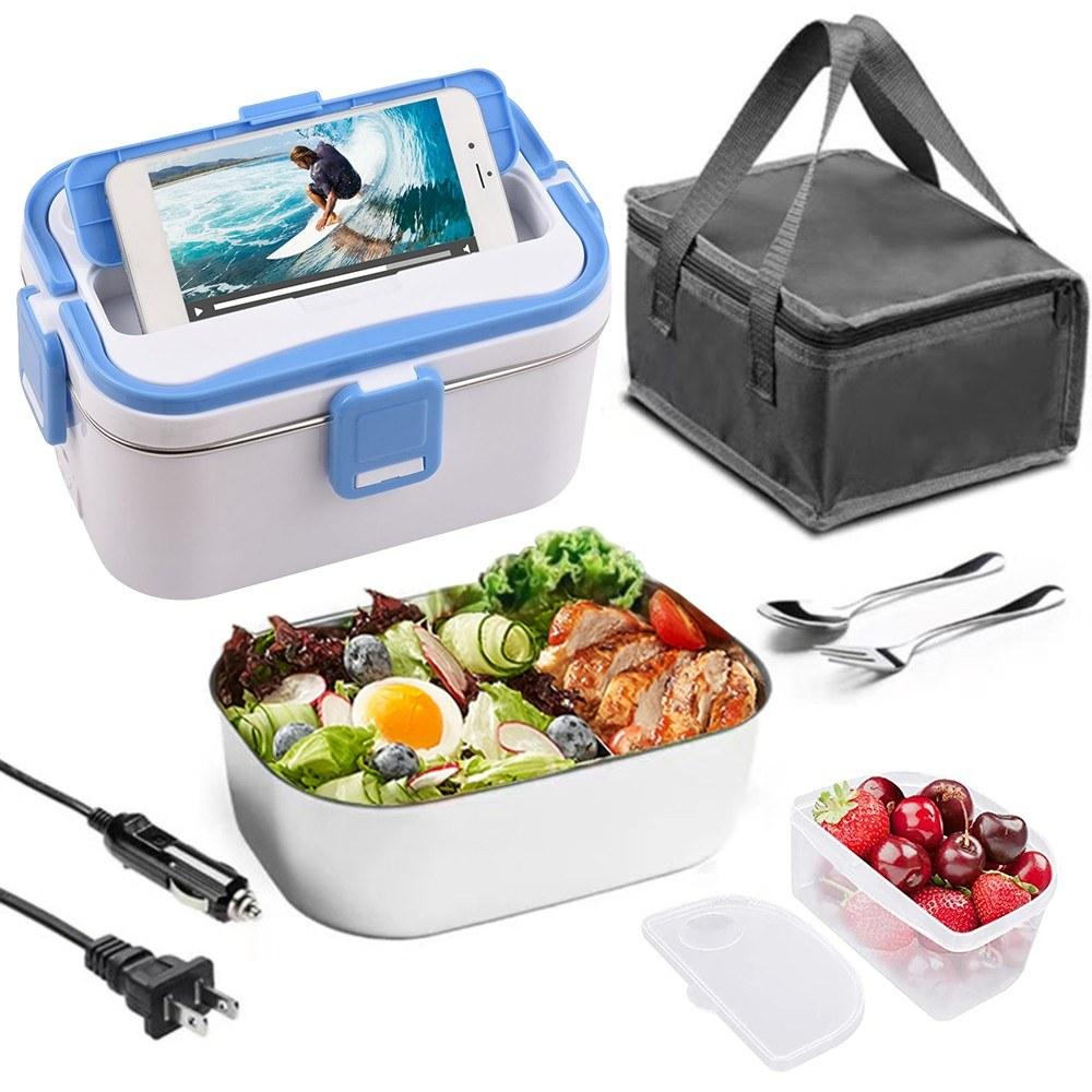 Heating Lunch Box 1.8L 60W Portable Stainless Steel 110/220V+12V/24V Dual Power Supply Interface Stainless Steel Liner Electric Heating Insulation Home Car with Spoon And Fork Blue |   Small Appliances Kitchen & Dining Blue