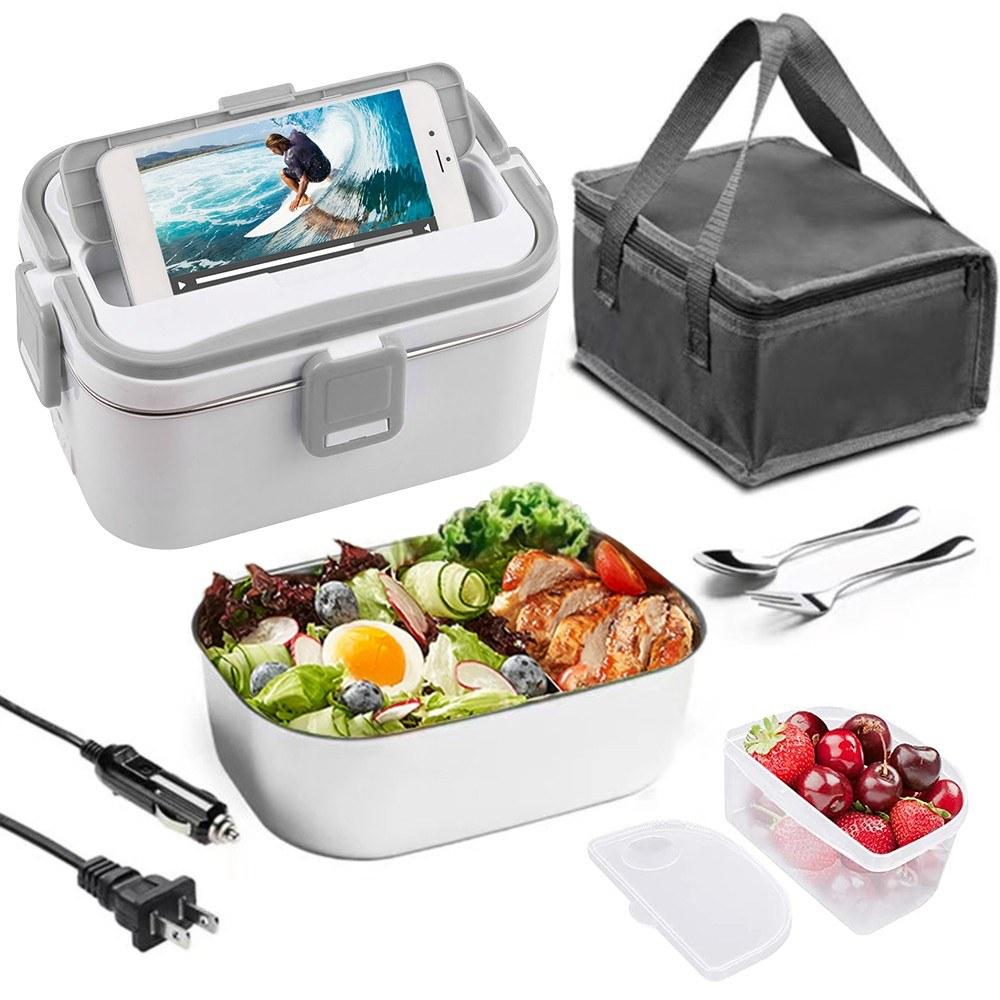 Heating Lunch Box 1.8L 60W Portable Stainless Steel 110/220V+12V/24V Dual Power Supply Interface Stainless Steel Liner Electric Heating Insulation Home Car with Spoon And Fork Grey |   Small Appliances Kitchen & Dining Grey