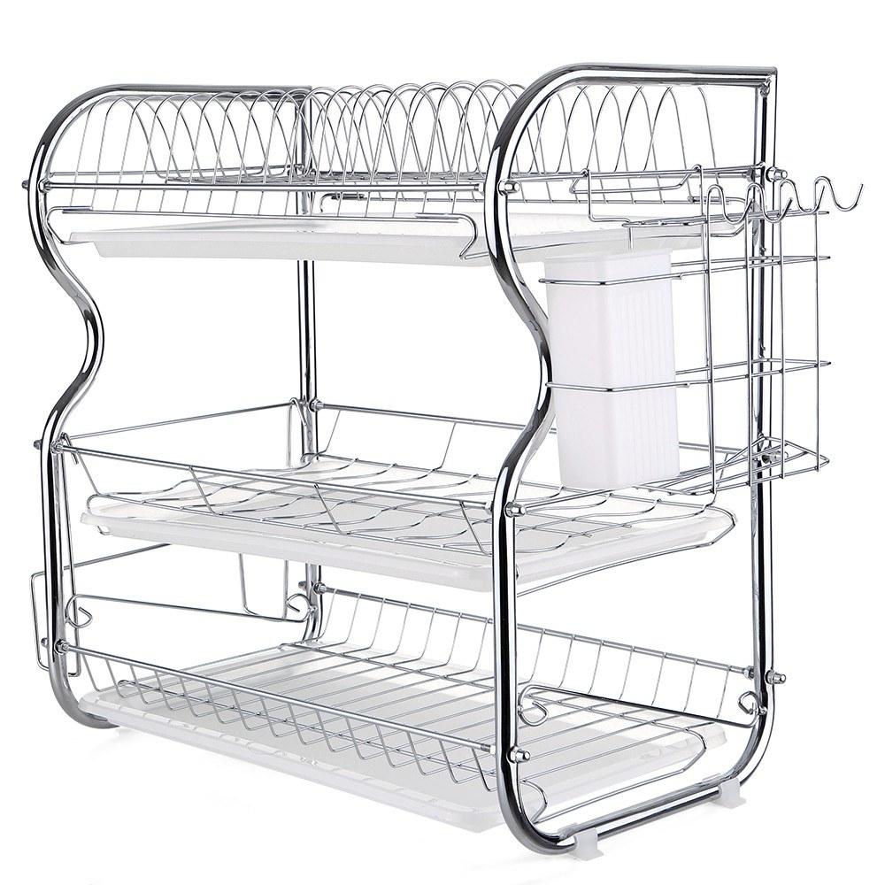 Multi-functional 3-Tier Dish Rack Kitchen Supplies Storage Rack Draining Rack with Chopsticks/Knives/Cutting Board Holder Drainboard Silver |   Small Appliances Kitchen & Dining Silver