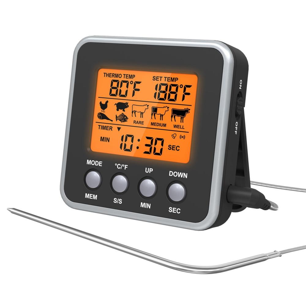 Orange Backlit LCD Digital Food Temperature Gauge Cooking Meat Thermometer with Temperature Probe, Digital Oven Thermometer for Grill Smoker Barbecue Kitchen Cooking, with 7 Preset Temperatures & Timer Black |   Small Appliances Kitchen & Dining Black