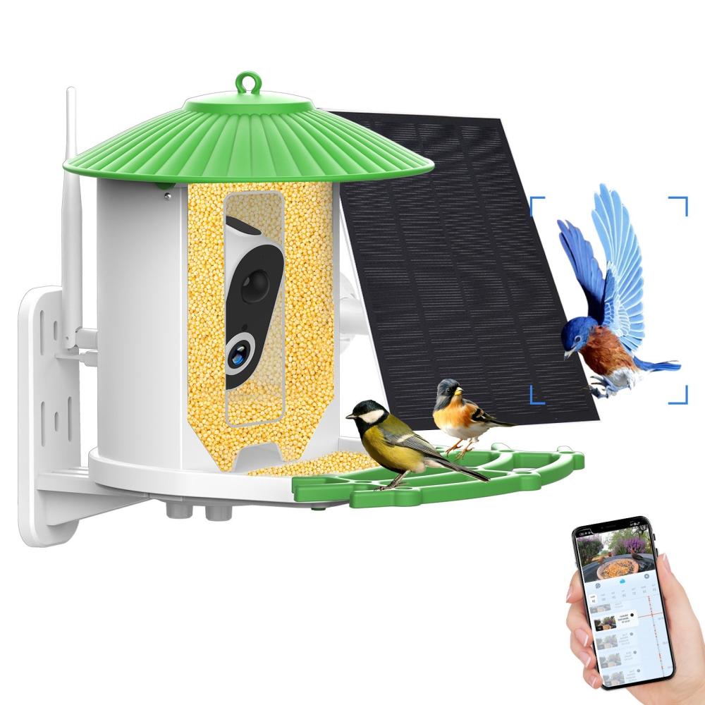 Solar Powered Smart Bird Feeder with 1080P HD Night Vision Camera AI Identify Bird Species Feeder IP65 Waterproof (without TF Card) Green2 |   Smart Home System Smart Home System Green2