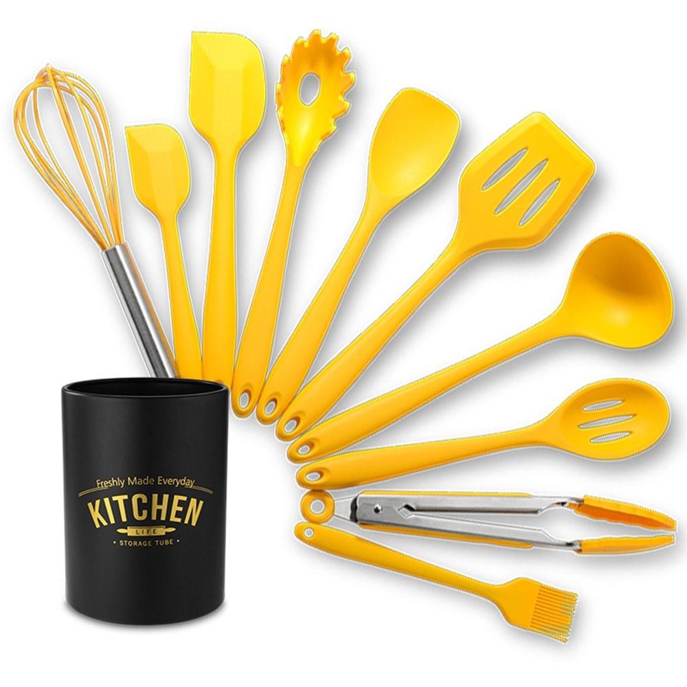 The cooking utensils Convenient hanging hooks Silicone Kitchenware Set 10Pcs Kitchen Utensils Set Silica Gel Cooking Utensils Set Heat Resistant Kitchen Tools with Storage Barrel Yellow |   Small Appliances Kitchen & Dining Small Appliances