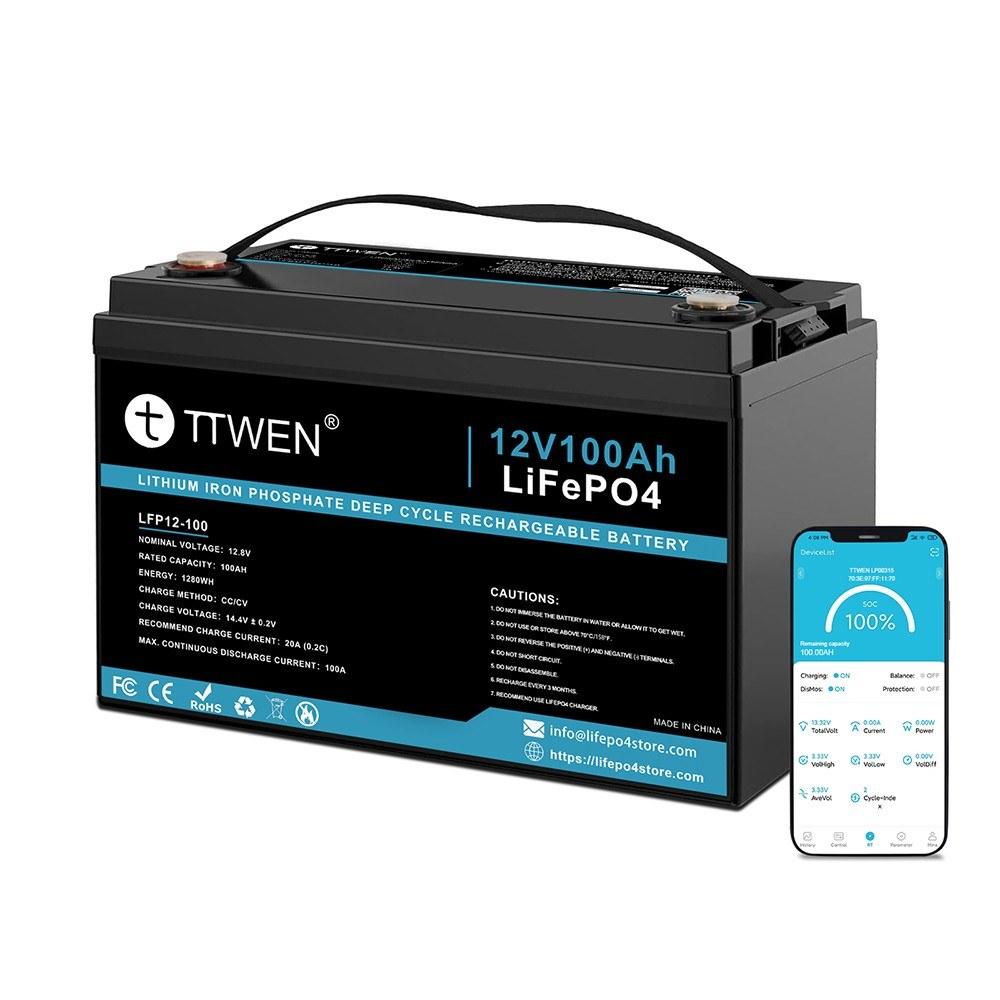 TTWEN 12V 100Ah LiFePO4 Lithium Battery Pack Backup Power Supply, with Bluetooth Function, 1280Wh power, 4000+ Deep Cycle, Built-in 100A BMS Supports Series/Parallel Connection for RVs, Yachts, Solar, Drag Motors, Off-grid Power Supplies  |   Smart Home System Smart Home System Smart Home System