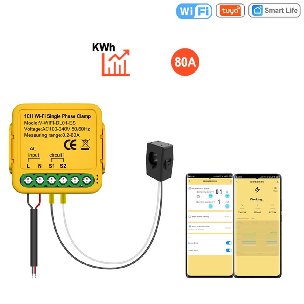 Tuya WiFi Smart Home Energy Monitor 2.4GHZ Smart Energy Meter Single Phase Consumption Monitor with 1 Clamp Yellow |   Smart Home System Smart Home System Smart Home System