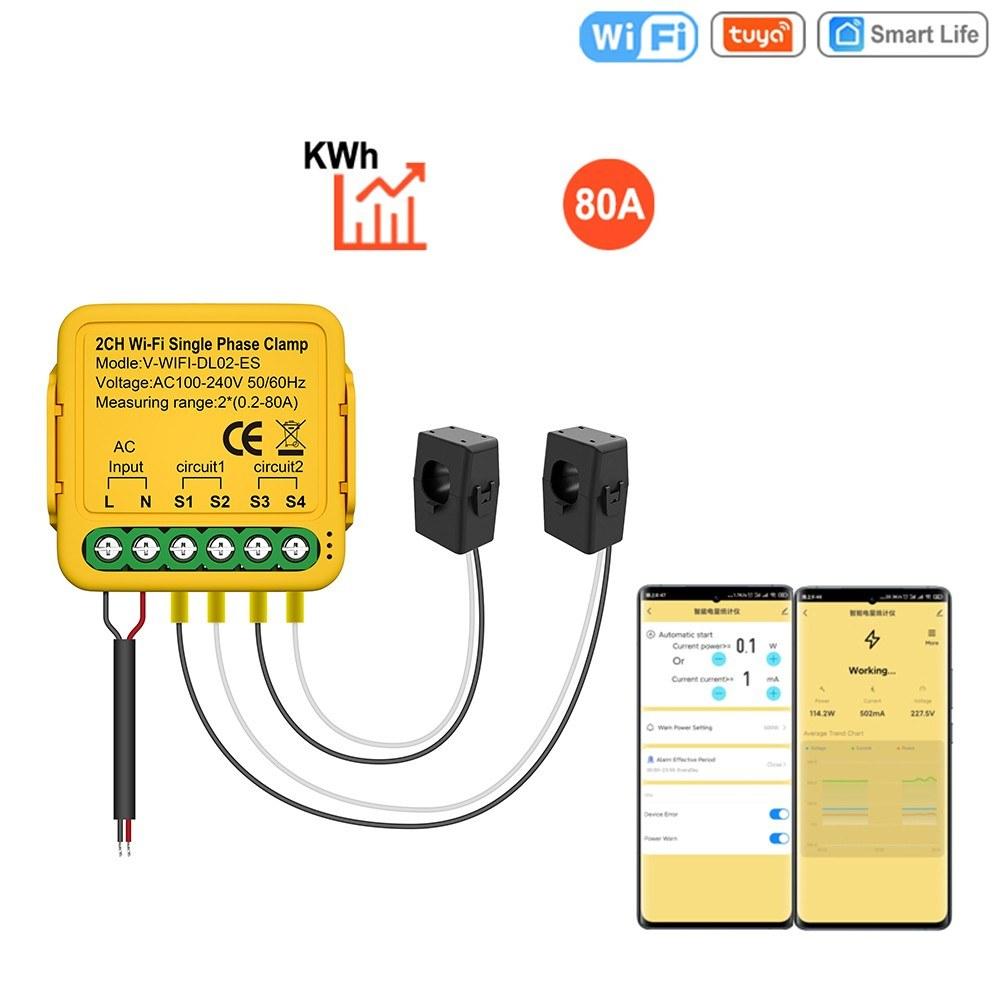 Tuya WiFi Smart Home Energy Monitor 2.4GHZ Smart Energy Meter Single Phase Consumption Monitor with 2 Clamp Yellow |   Smart Home System Smart Home System Smart Home System