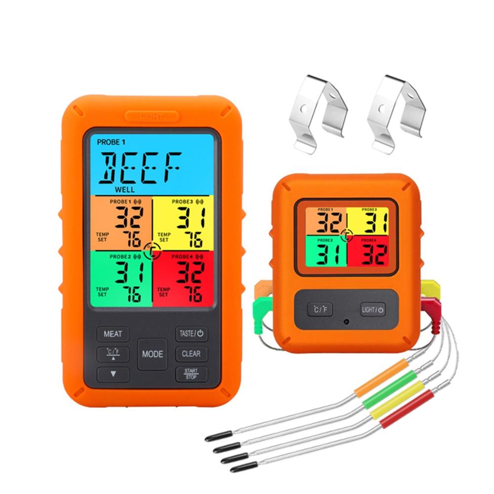 Wireless Meat Thermometer with 4 Probes 328Ft Long Range Colorful LCD Backlight Display Countdown Timer Temperature Alarm Digital Remote BBQ Thermometers for Barbeque Grill Oven Kitchen Orange |   Small Appliances Kitchen & Dining Orange