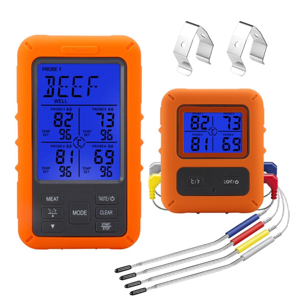 Wireless Meat Thermometer with 4 Probes 328Ft Long Range LCD Backlight Display Countdown Timer Temperature Alarm Digital Remote BBQ Thermometers for Barbeque Grill Oven Kitchen Orange |   Small Appliances Kitchen & Dining Orange